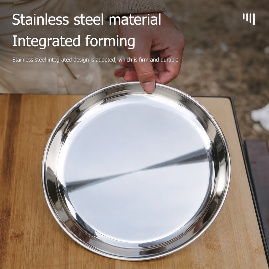 Stainless steel plate held over a wooden table